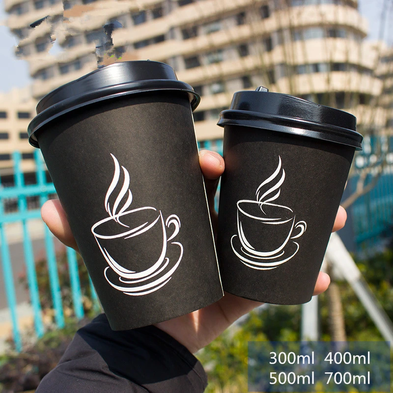 Black Milk Tea Thick Paper Cup Disposable Coffee Cup Hot Drink Takeaway Package Cups Party Favor Beverage Cup with Lids 9oz/14oz/16oz